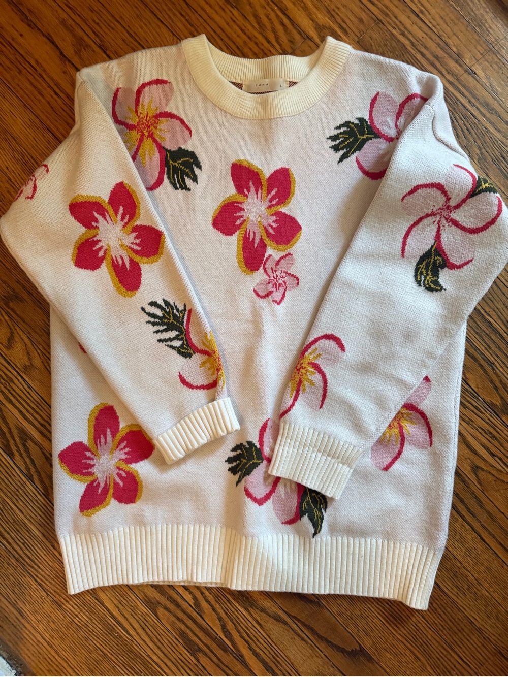 Luna | Floral Crewneck Sweater - Pink Flowers on Cream